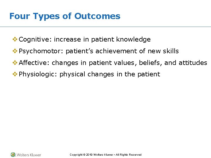 Four Types of Outcomes v Cognitive: increase in patient knowledge v Psychomotor: patient’s achievement Four Types of Outcomes v Cognitive: increase in patient knowledge v Psychomotor: patient’s achievement