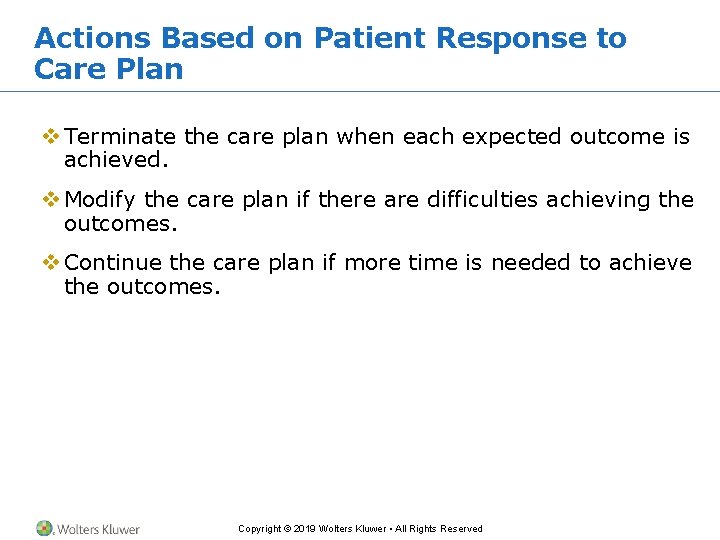 Actions Based on Patient Response to Care Plan v Terminate the care plan when Actions Based on Patient Response to Care Plan v Terminate the care plan when