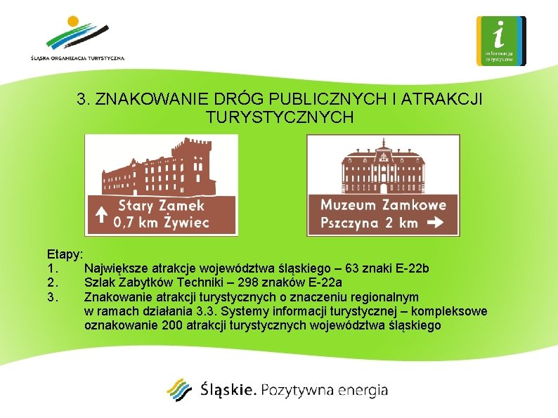 3. ZNAKOWANIE DRÓG PUBLICZNYCH I ATRAKCJI TURYSTYCZNYCH Etapy: 1. Największe atrakcje województwa śląskiego –