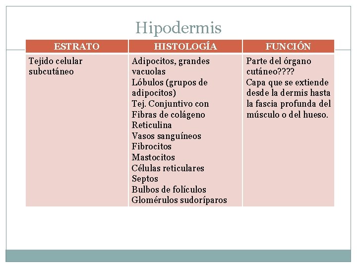 Hipodermis ESTRATO Tejido celular subcutáneo HISTOLOGÍA Adipocitos, grandes vacuolas Lóbulos (grupos de adipocitos) Tej.