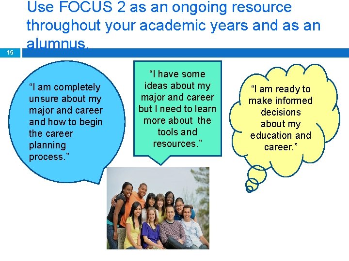 15 Use FOCUS 2 as an ongoing resource throughout your academic years and as