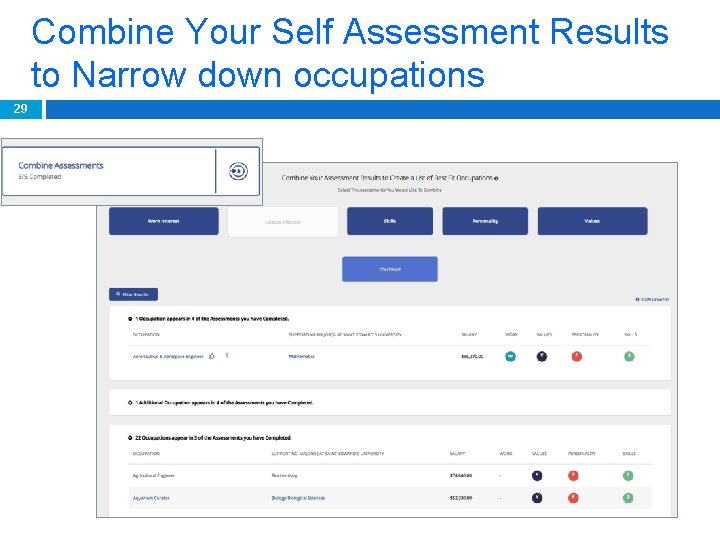 Combine Your Self Assessment Results to Narrow down occupations 29 