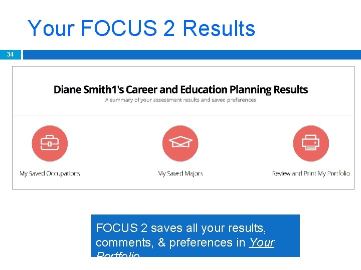 Your FOCUS 2 Results 34 FOCUS 2 saves all your results, comments, & preferences