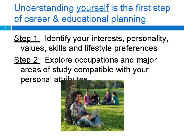 Understanding yourself is the first step of career & educational planning 5 Step 1: