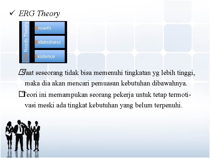 ü ERG Theory �Saat seseorang tidak bisa memenuhi tingkatan yg lebih tinggi, maka dia