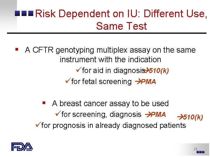 Risk Dependent on IU: Different Use, Same Test § A CFTR genotyping multiplex assay Risk Dependent on IU: Different Use, Same Test § A CFTR genotyping multiplex assay