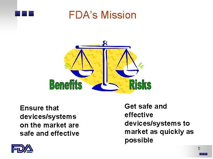 FDA’s Mission Ensure that devices/systems on the market are safe and effective Get safe FDA’s Mission Ensure that devices/systems on the market are safe and effective Get safe