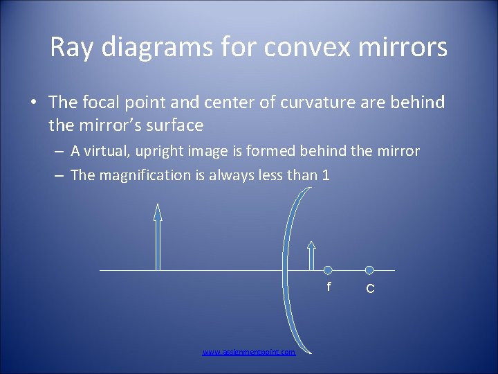 Ray diagrams for convex mirrors • The focal point and center of curvature are