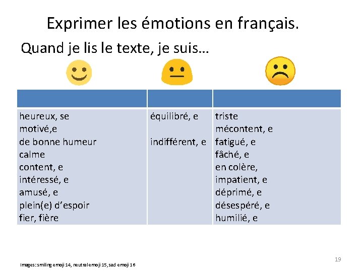 Exprimer les émotions en français. Quand je lis le texte, je suis… heureux, se