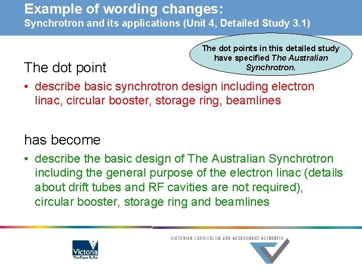 Example of wording changes: Synchrotron and its applications (Unit 4, Detailed Study 3. 1)