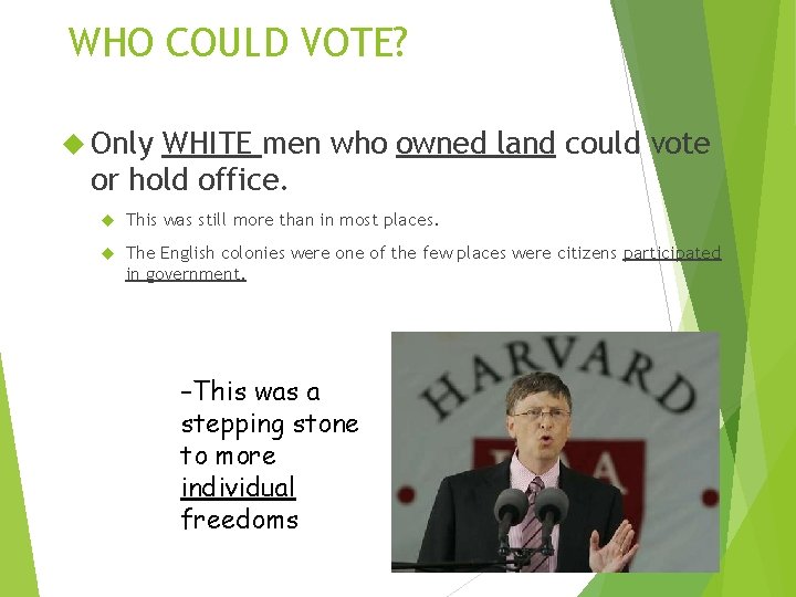WHO COULD VOTE? Only WHITE men who owned land could vote or hold office.