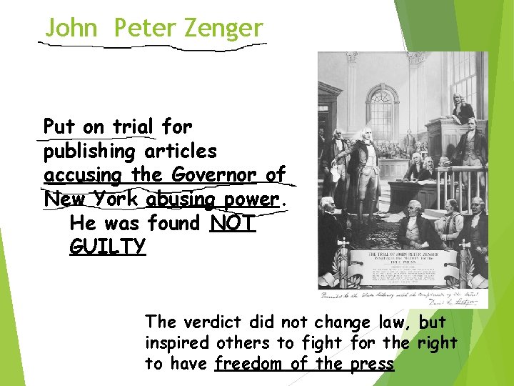 John Peter Zenger Put on trial for publishing articles accusing the Governor of New