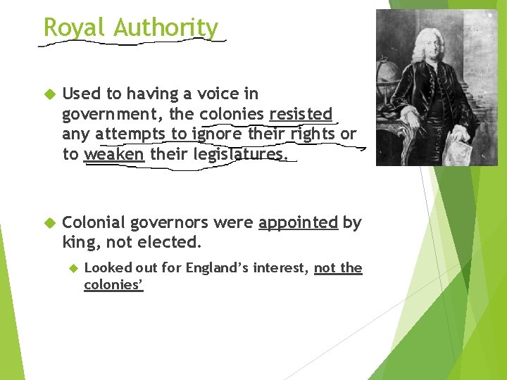 Royal Authority Used to having a voice in government, the colonies resisted any attempts