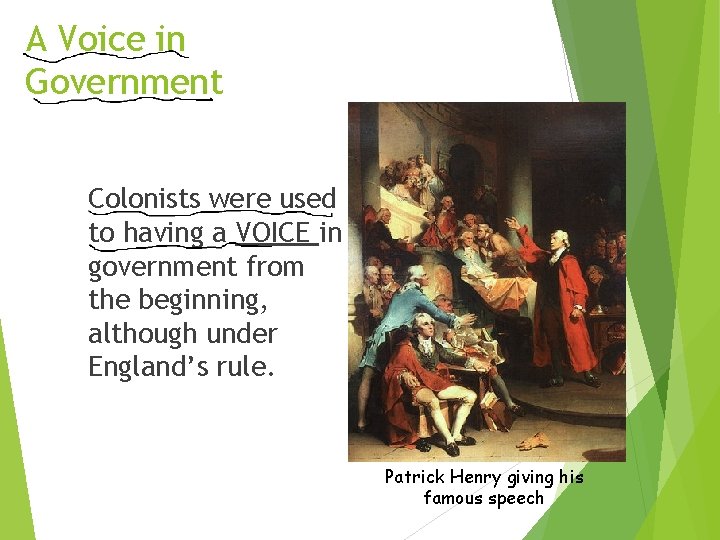 A Voice in Government Colonists were used to having a VOICE in government from