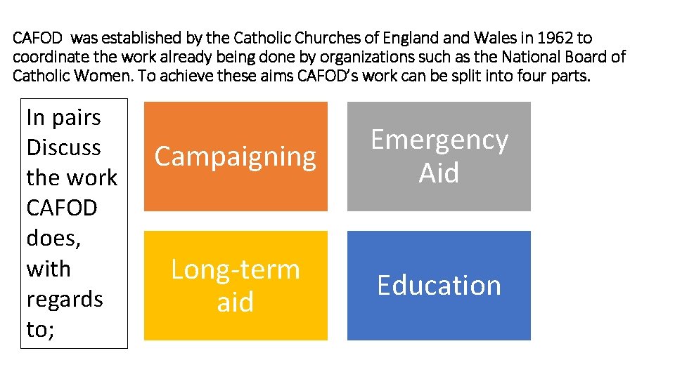 CAFOD was established by the Catholic Churches of England Wales in 1962 to coordinate CAFOD was established by the Catholic Churches of England Wales in 1962 to coordinate