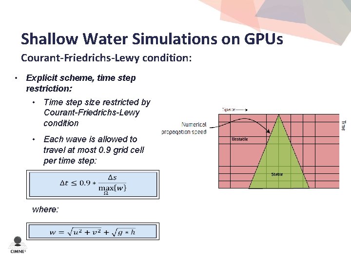 Shallow Water Simulations on GPUs Courant-Friedrichs-Lewy condition: • Explicit scheme, time step restriction: •