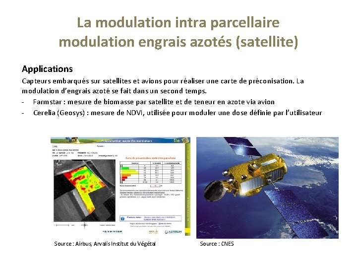 La modulation intra parcellaire modulation engrais azotés (satellite) Applications Capteurs embarqués sur satellites et
