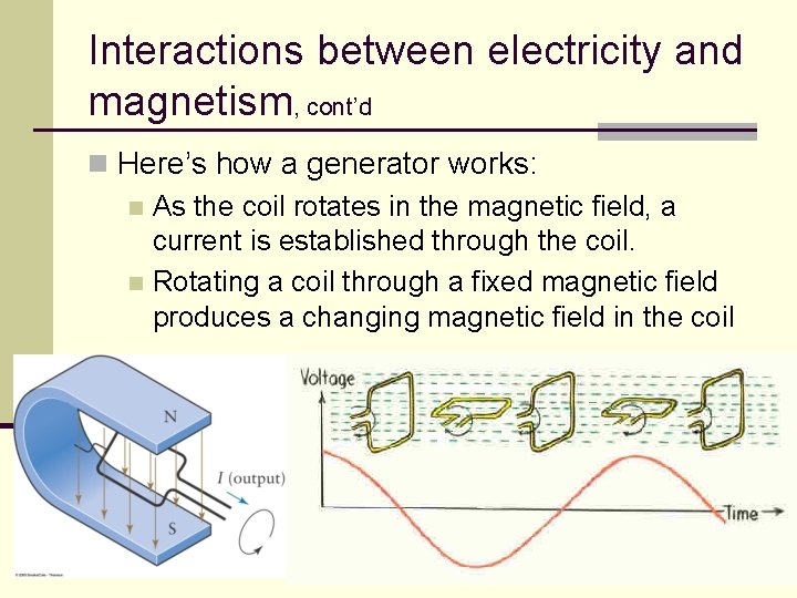Interactions between electricity and magnetism, cont’d n Here’s how a generator works: n As