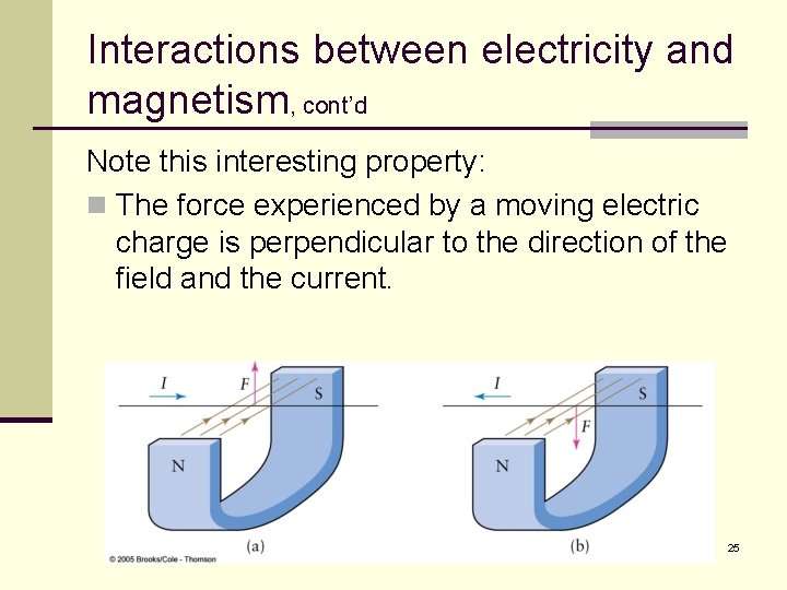 Interactions between electricity and magnetism, cont’d Note this interesting property: n The force experienced