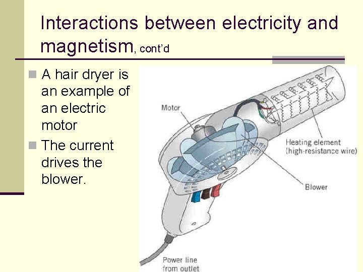 Interactions between electricity and magnetism, cont’d n A hair dryer is an example of