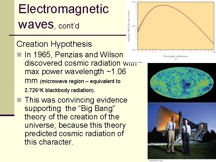 Electromagnetic waves, cont’d Creation Hypothesis n In 1965, Penzias and Wilson discovered cosmic radiation