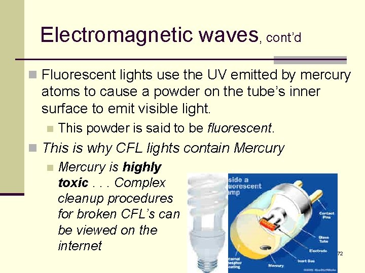 Electromagnetic waves, cont’d n Fluorescent lights use the UV emitted by mercury atoms to