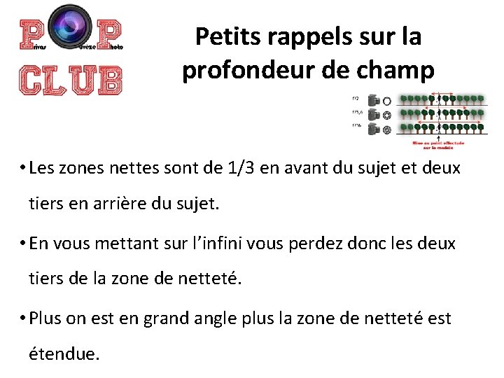 Petits rappels sur la profondeur de champ • Les zones nettes sont de 1/3