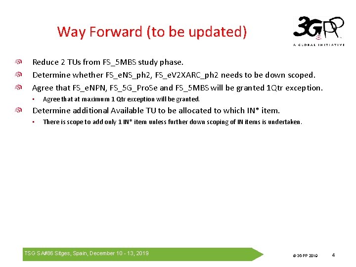 Way Forward (to be updated) Reduce 2 TUs from FS_5 MBS study phase. Determine