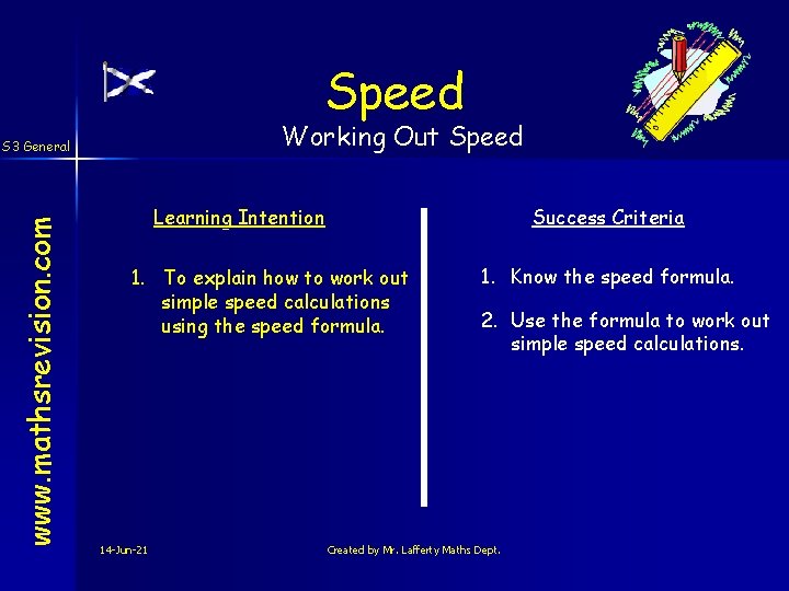 Speed Working Out Speed www. mathsrevision. com S 3 General Learning Intention Success Criteria