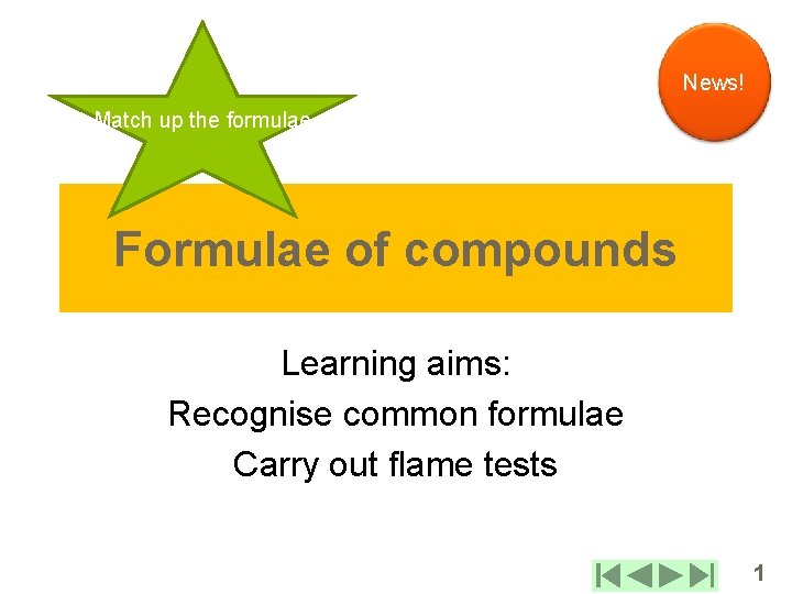 News! Match up the formulae Formulae of compounds Learning aims: Recognise common formulae Carry