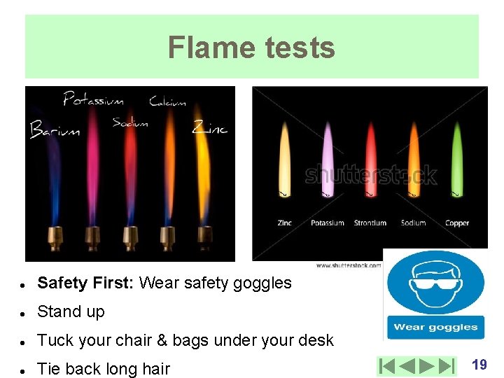 Flame tests Safety First: Wear safety goggles Stand up Tuck your chair & bags