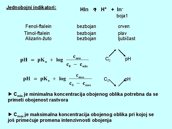 Jednobojni indikatori: HIn H+ + Inboja 1 Fenol-ftalein Timol-ftalein Alizarin-žuto bezbojan crven plav ljubičast