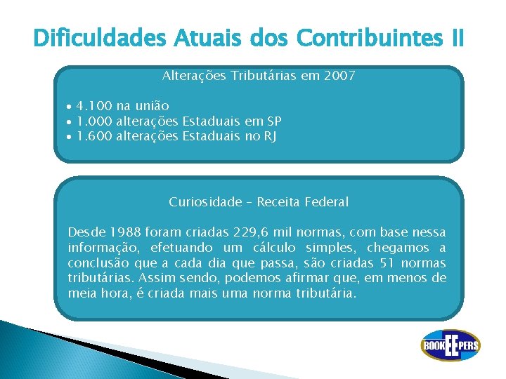 Dificuldades Atuais dos Contribuintes II Alterações Tributárias em 2007 ∙ 4. 100 na união