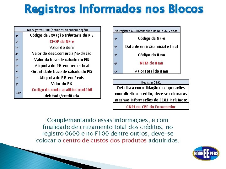 Registros Informados nos Blocos No registro C 181(detalhes da consolidação) 1° 2° 3° 4°