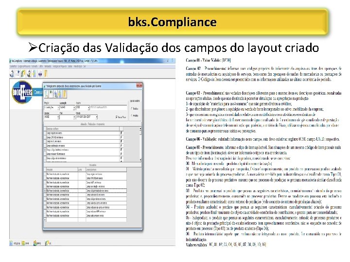 bks. Compliance ØCriação das Validação dos campos do layout criado 
