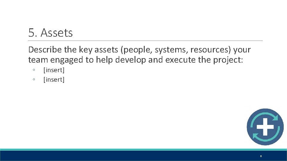 5. Assets Describe the key assets (people, systems, resources) your team engaged to help