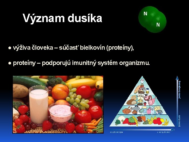 Význam dusíka ● výživa človeka – súčasť bielkovín (proteíny), ● proteíny – podporujú imunitný