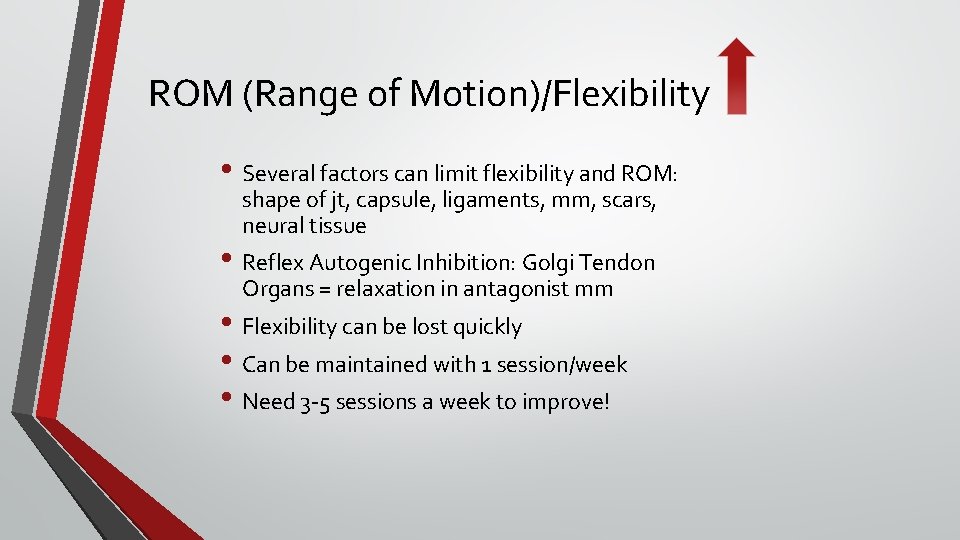ROM (Range of Motion)/Flexibility • Several factors can limit flexibility and ROM: shape of