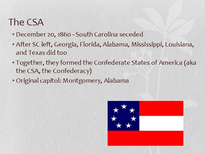 The CSA • December 20, 1860 - South Carolina seceded • After SC left,