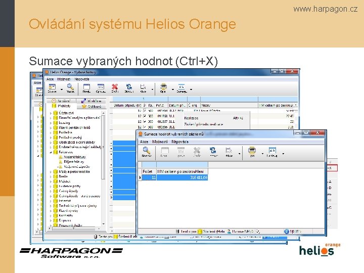 www. harpagon. cz Ovládání systému Helios Orange Sumace vybraných hodnot (Ctrl+X) 