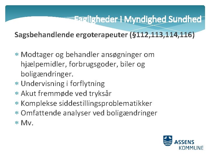 Fagligheder i Myndighed Sundhed Sagsbehandlende ergoterapeuter (§ 112, 113, 114, 116) Modtager og behandler