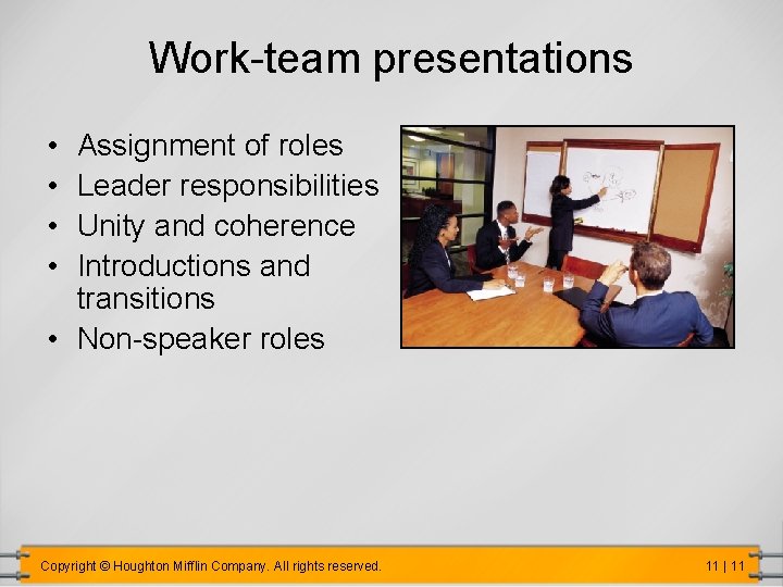 Work-team presentations • • Assignment of roles Leader responsibilities Unity and coherence Introductions and