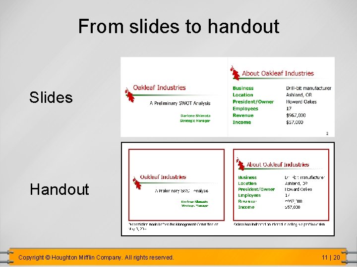 From slides to handout Slides Handout Copyright © Houghton Mifflin Company. All rights reserved.