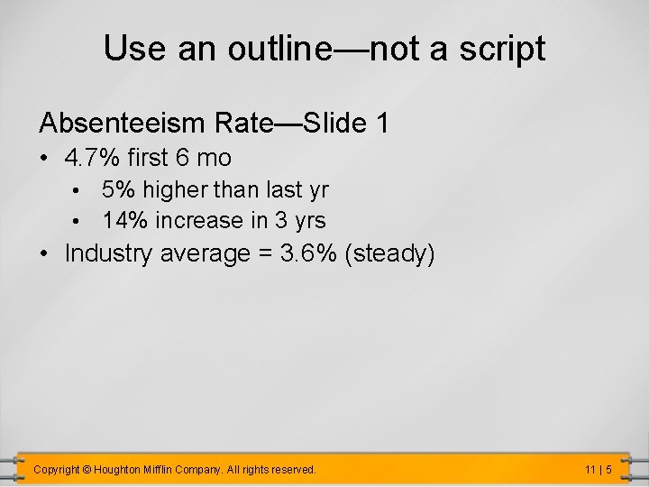 Use an outline—not a script Absenteeism Rate—Slide 1 • 4. 7% first 6 mo