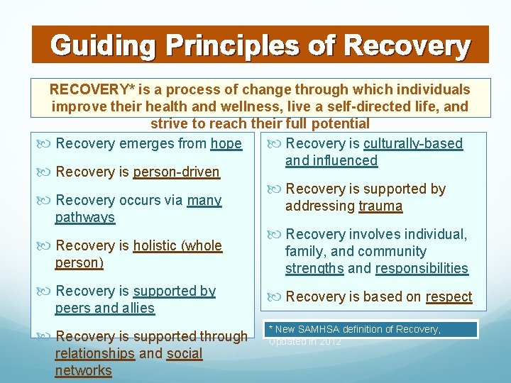 Guiding Principles of Recovery RECOVERY* is a process of change through which individuals improve