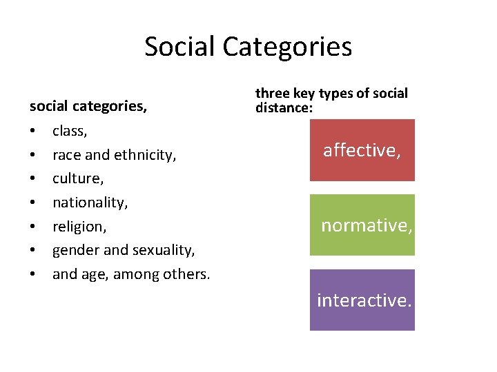 Social Categories social categories, • • class, race and ethnicity, culture, nationality, religion, gender