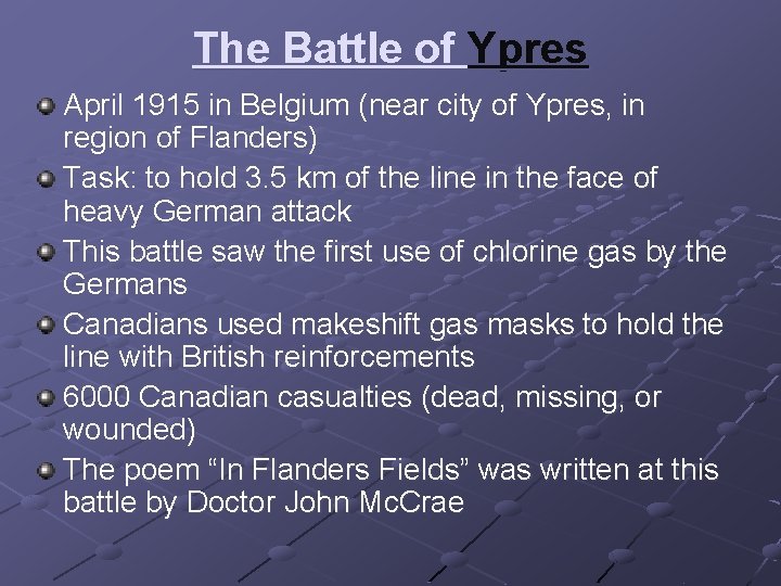 The Battle of Ypres April 1915 in Belgium (near city of Ypres, in region