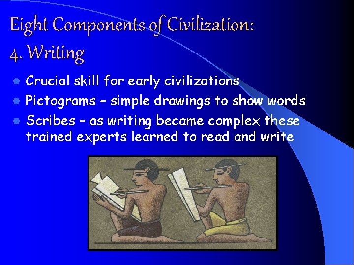 Eight Components of Civilization: 4. Writing Crucial skill for early civilizations l Pictograms –