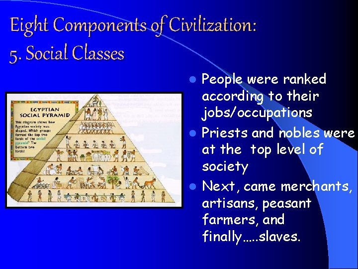 Eight Components of Civilization: 5. Social Classes People were ranked according to their jobs/occupations