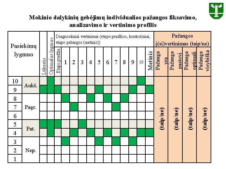 (taip/ne) 10 (taip/ne) Pažanga yra Pažanga pastovi Pažanga optimali Pažanga visybiška 1 2 3